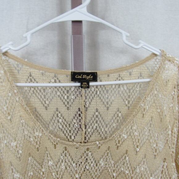 Cal Style 2XL Knit Mesh Lace Ivory Long Sleeve Blouse Chevron Semi Sheer Top - Picture 2 of 7